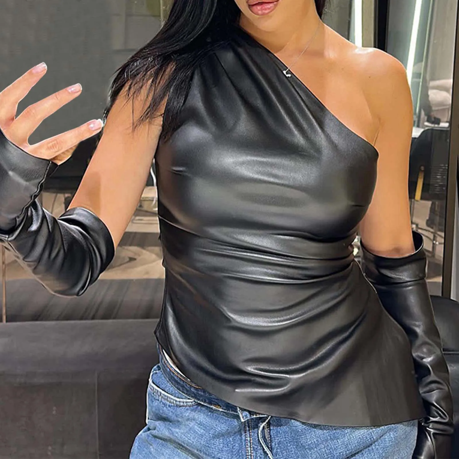 Women'S Streetwear Cropped Top Casual Summer Solid Color Streetwear Sleeveless Asymmetrical Neck Pu Leather винтажная одежда