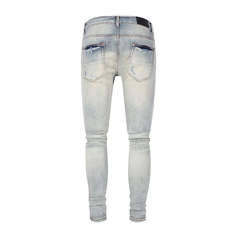 Immagine 3: Jeans alla Moda High Street, Nuovi Jeans con Perline, Lavaggio Acqua, Perforati, Patch Retrò, Jeans Azzurro Chiaro, Pantaloni Hip Hop di Marca High Street Y2K
