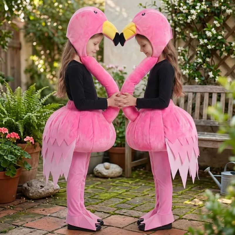 Animal Pink Flamingo Cosplay Suit Boys Girls Halloween Cartoon Birds Costumes Fairy Tales Stage Performance Role Play Set