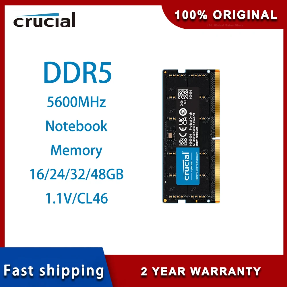 

New Crucial RAM 16GB 24GB 32GB 48GB DDR5 5600MHz PC5-44800 Laptop Memory, non-ECC SODIMM