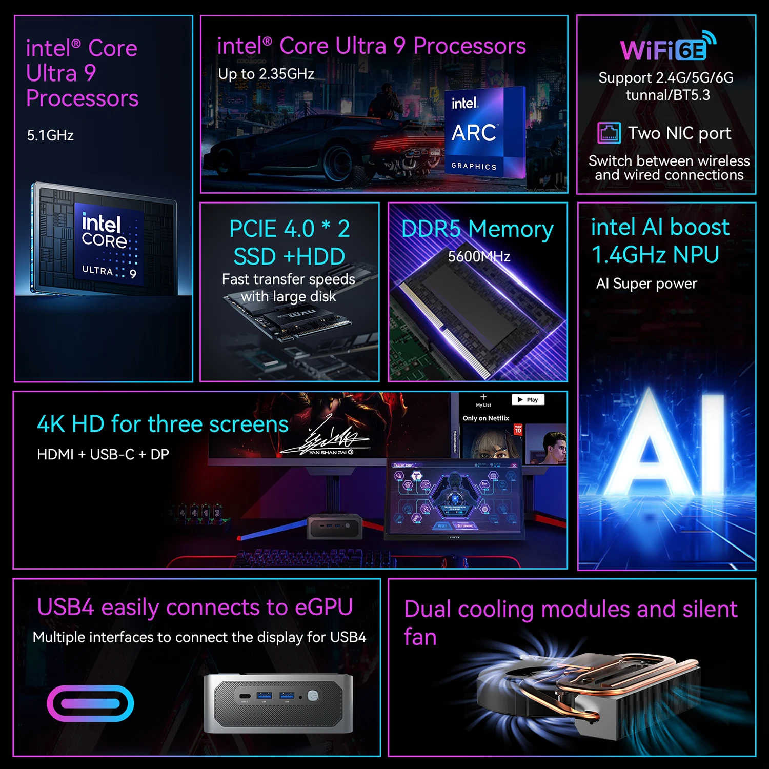 MOREFINE Neue Mini-PC S800 Intel Core Ultra 9 185H Ultra 7 155H Diy Gaming Computer Laptop Gamer Desktop-Computer Windows11PRO
