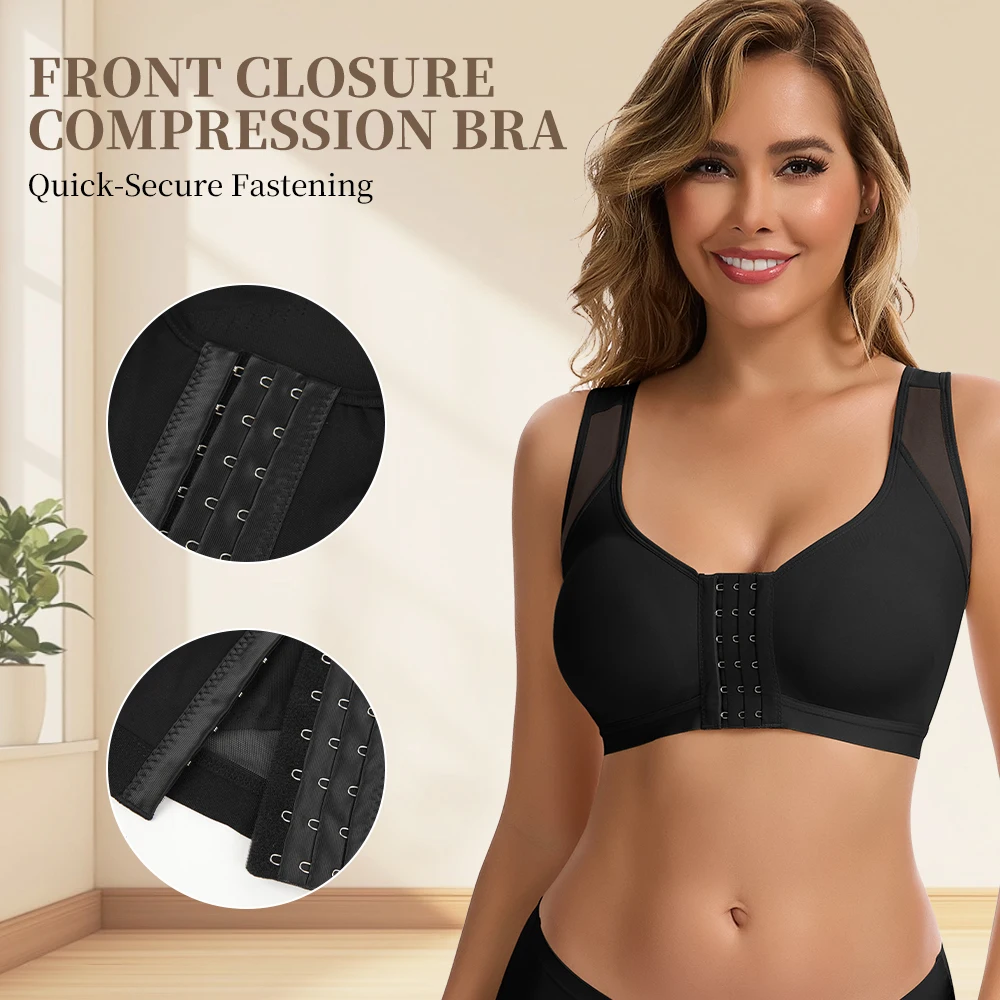Postoperativer Kompressions-BH für Frauen mit Vorderverschluss, Drahtloser Sport-BH mit Rückenstütze, Komfortabler Bustier – Detail 3