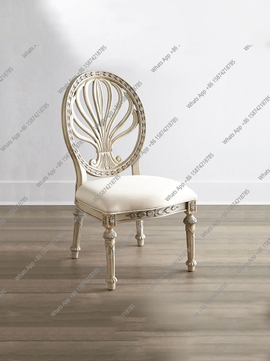 

J French Country Solid Wood Dining Chair, Home Study Chair, American Retro White Carved Round Back Chair, Casual Backrest