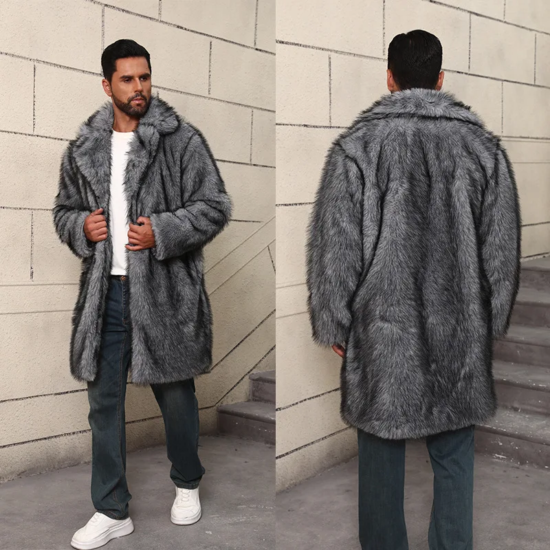 Luxury Brand Winter Faux Fur Coat Men's Mid-length Lapel Warm Faux Fur Coat Thick Soft Fluffy Furry Outerwear Fur Jacket Men New