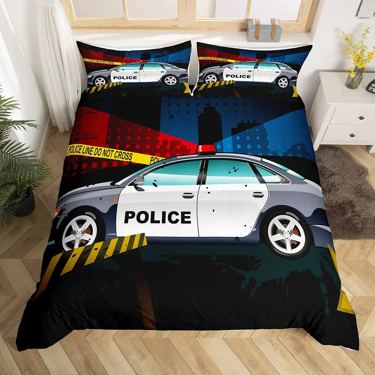 Police Car King Queen Duvet Cover White Grey Cartoon Police Vehicle Bedding Set for Kids Boys Black 2/3pcs Polyester Quilt Cover