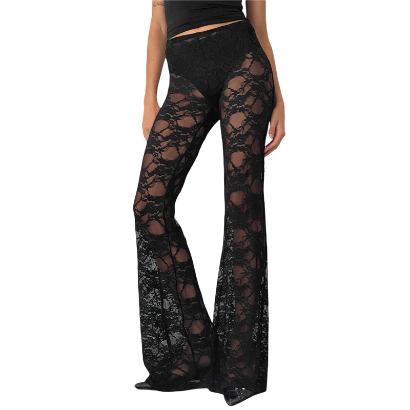 

Sexy Women Sheer Lace Pants Black Gothic High Waist Wide Leg Flare Pants Ladies Bell-Bottoms Trousers Club Streetwear 2024