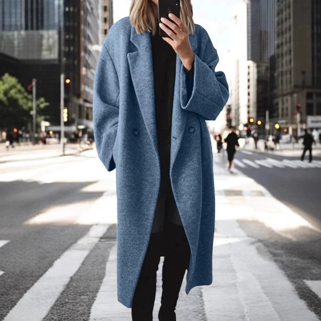 Neuer Herbst-Winter Damen Mehrfarbiger Mehrgrößen Langer Wollmisch-Trenchcoat Freizeit-Oberbekleidung – Detail 9