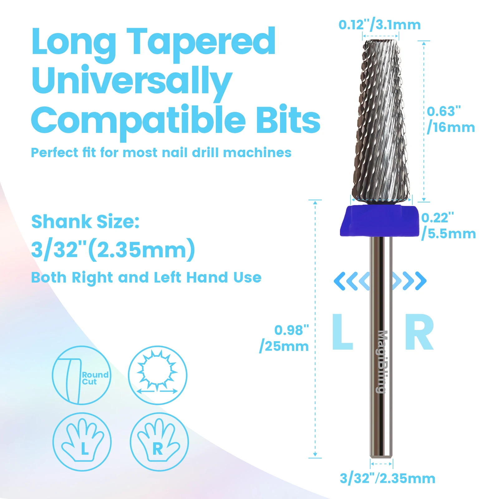 Brocas de unha de carboneto 5 em 1, corte cruzado longo, duas maneiras, rotação esquerda e direita, ferramentas de polimento de manicure, 3/32"