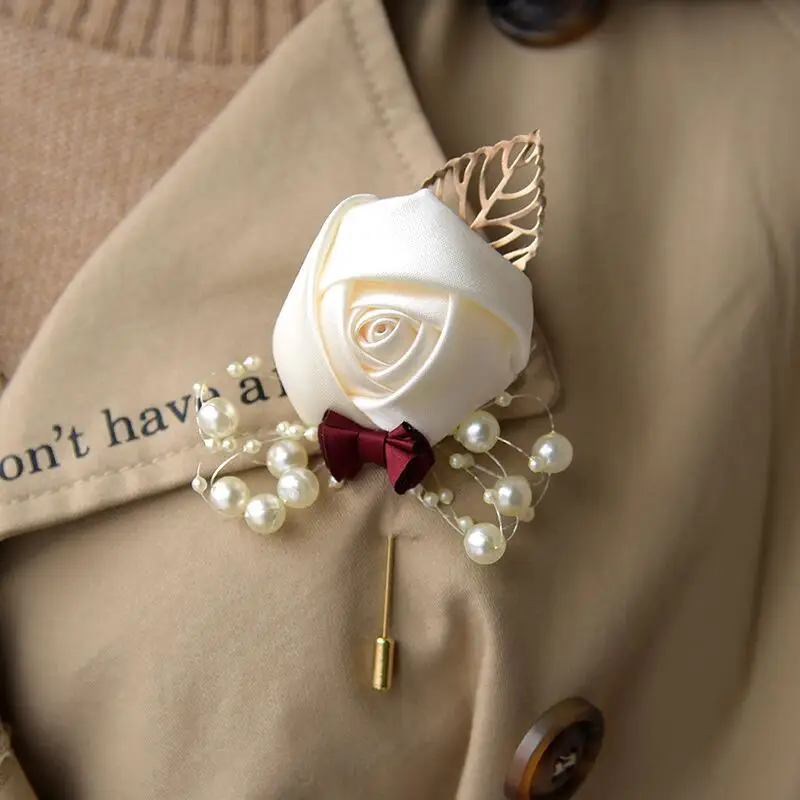 Elegant Satin Rose Flower Corsage Business Wedding Corsage Accessories Pins Exquisite Pearl Woman Brooch