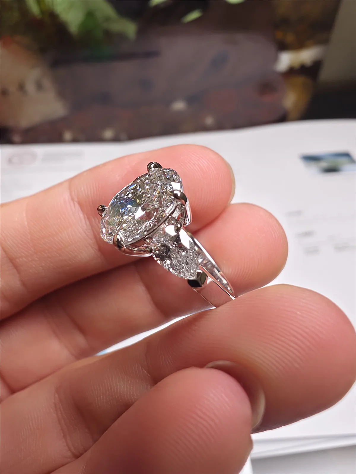 PT950 Platinum Diamond Ring with Lab-Grown 3CT Oval Three-Stone Pear-Shaped Diamond, 14K Gold Wedding Ring, High-End Jewelry Cus view 3
