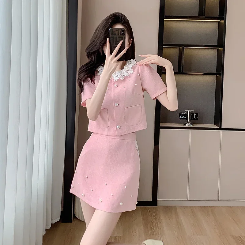 French Small Fragrance Korean Sweet Two Piece Set For Women Coat Tops + Skirt Suits Ladies Summer Elegant 2 Piece Sets Outfits