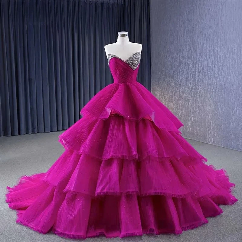 Flash Sale Romantic High Quality Evening Dress Organza Ball Gown Strapless Backless RSM231068 Beading Tiered Vestido Festa