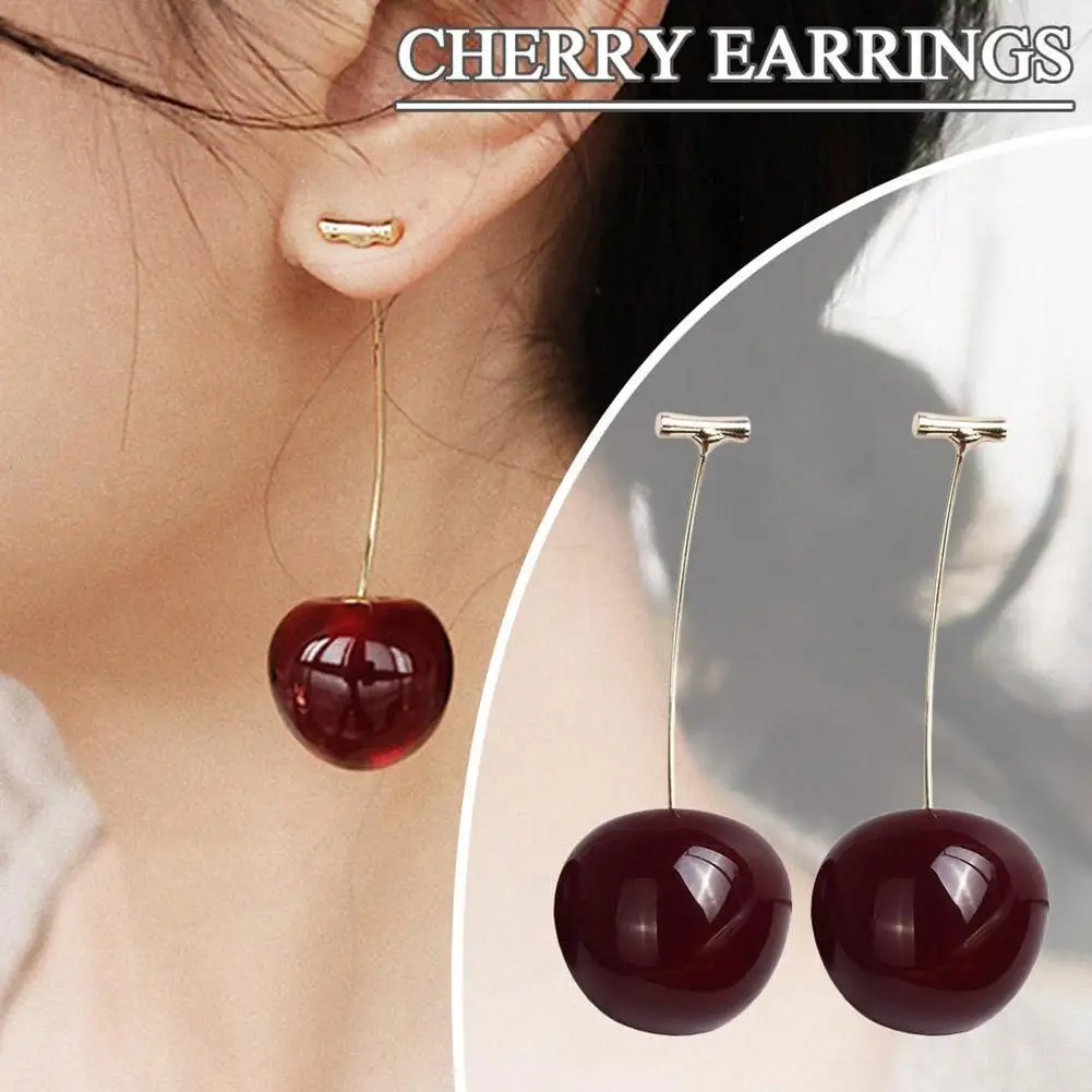 Pendientes colgantes de cerezas pequeñas, dulces y frescas, encanto rojo, pendientes coreanos, joyería de frutas, pendientes japoneses