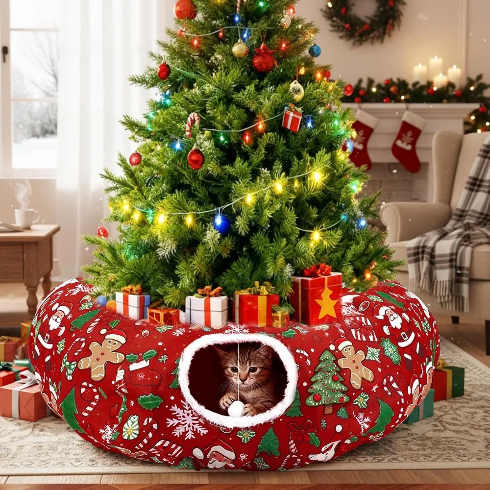 

Cat Tunnel Christmas Tree Skirt – Donut Bed with Snowflake Ball, Cave for Kittens & Puppies – Tree Decor Gift