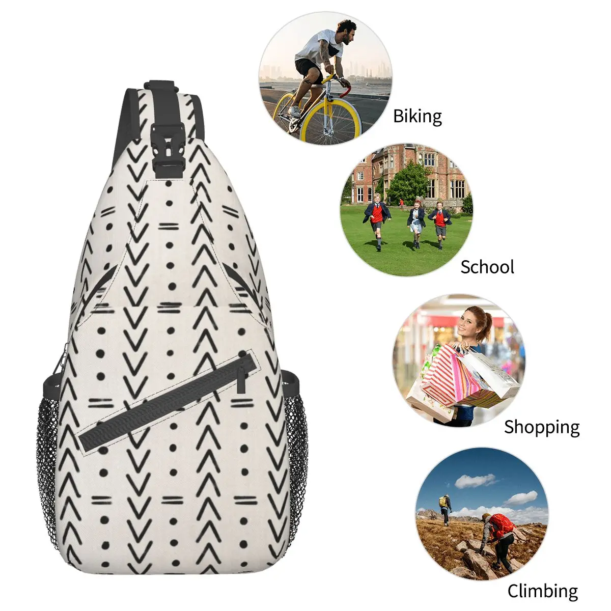 Mudcloth Géométrique fait saillie Petit Sac à Bandoulière, Poitrine Bandoulière Initié Sling Sac à Dos, Sports de Plein Air, Daypacks Bohème Bookbag