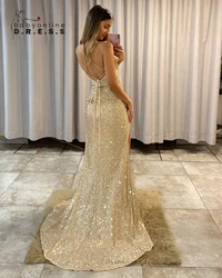 BABYONLINE Glitter Gold Sequins Prom Gown Thigh-high Split Strappy Lace-up on Open Back Floor Sweeping Train Evening Party Dress