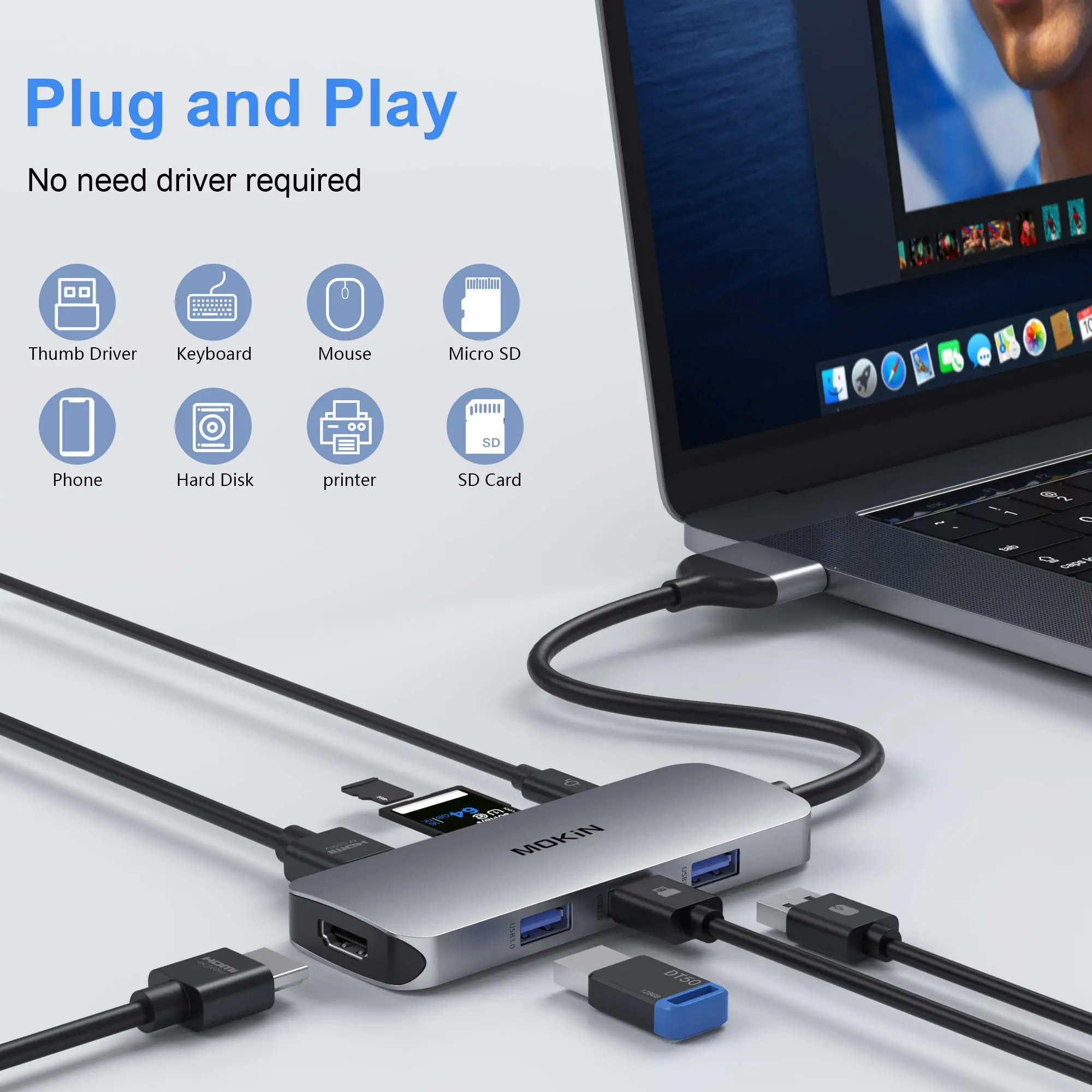 Imagem -04 - Mokin-hub Usb c para Adaptador Hdmi Duplo Docking Station de Monitor Duplo para Macbook Pro Air 4k 60hz 5gbps Usb 3.0 sd tf Pd3.0