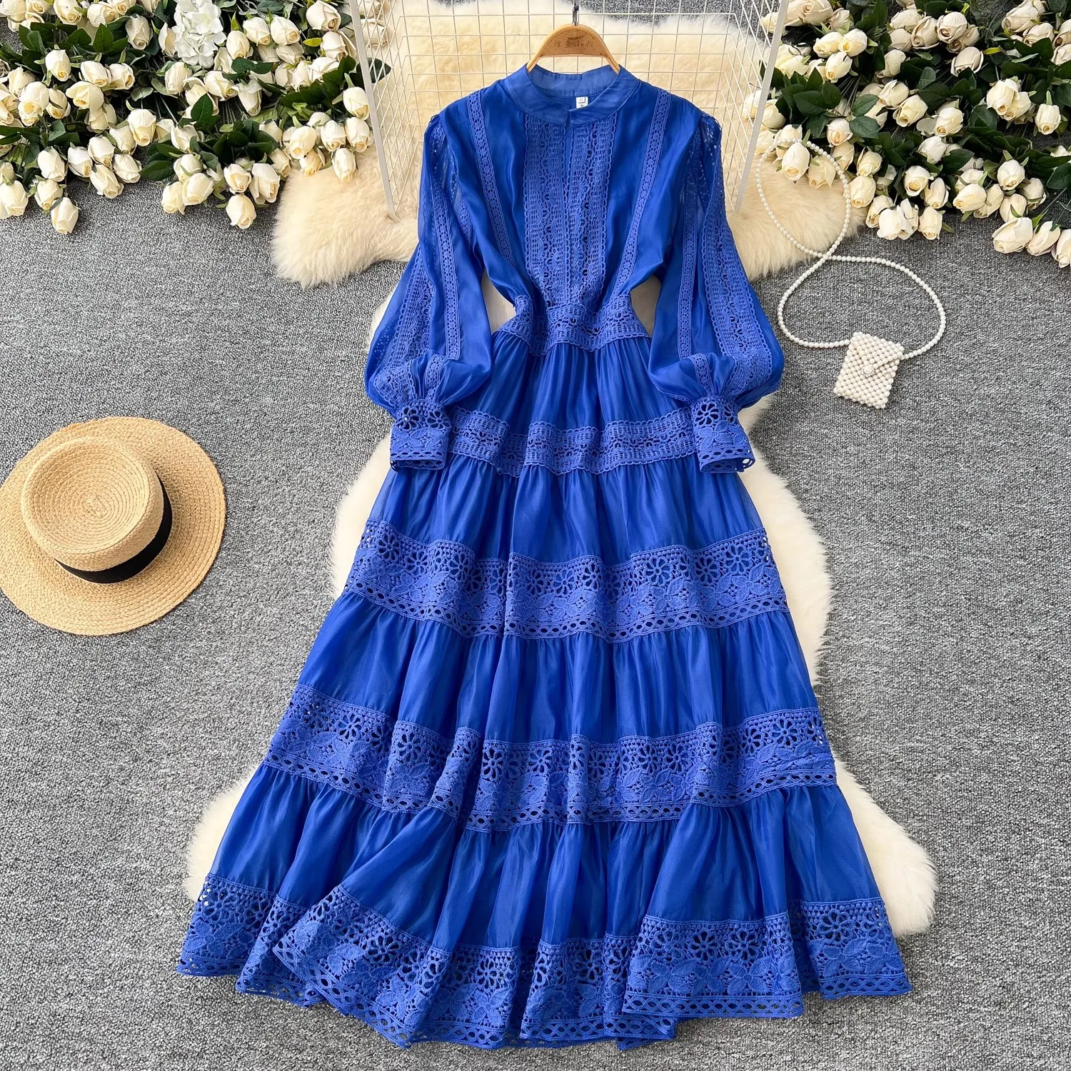 Luxury Women New High Quality Lace Maxi Hollow Out V Neck Lantern Sleeve Spring Summer Party Casual Dresses