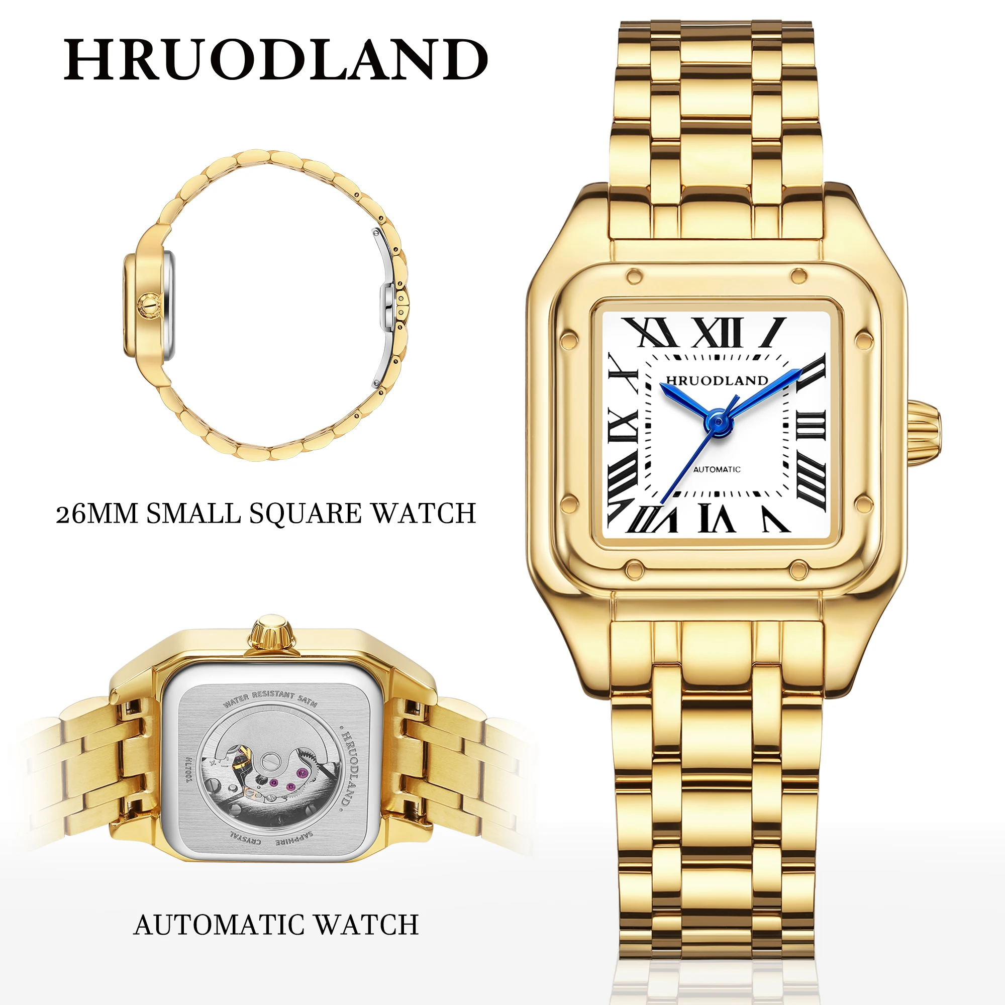 HRUODLAND Luxus Damenuhr 26mm kleine eckige Uhr Automatik Dresswatch mit römischen Ziffern Saphirglas Edelstahlarmband Elegant Klassisch Hochwertig Geschenk für Damen