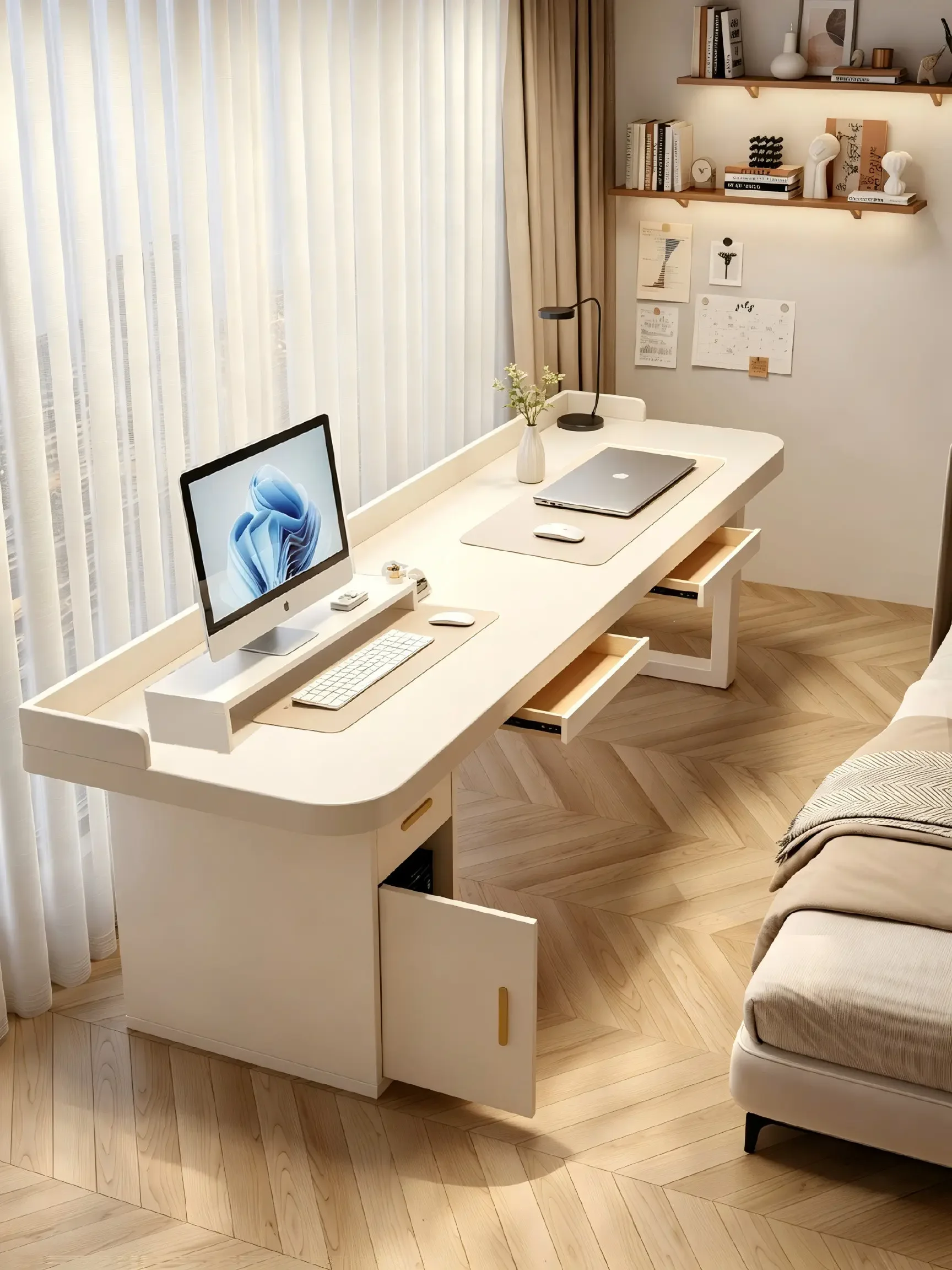 HYS Solid wood computer desk, bedroom, household with drawers, storage cabinet, integrated office, long table with baffle