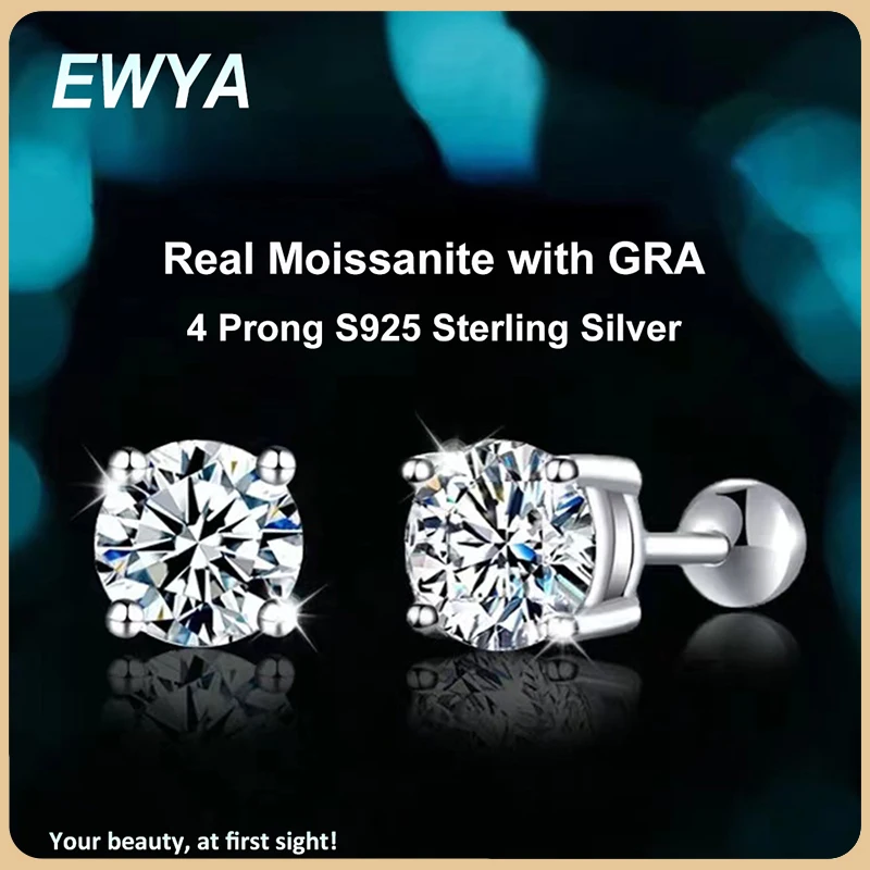 EWYA 4 Prong Moissanite Screw Earrings 1 Carat D Color For Women Party Fine Jewelry S925 Sterling Silver Platinum Plated Earring