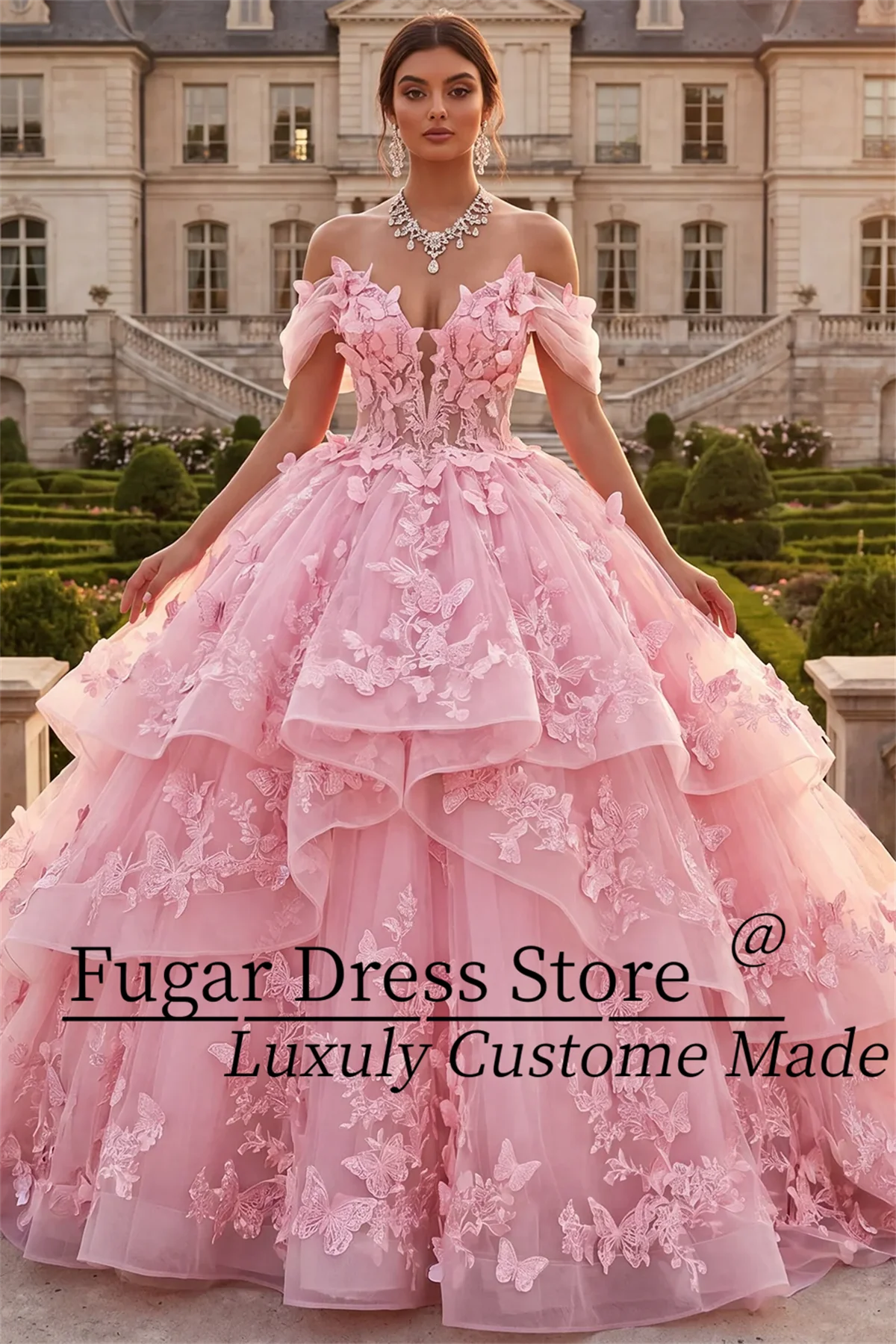 Customized Luxury Dusty Pink Off The Shoulder Quinceañera Gown 3D Butterfly Applique Tiered Tulle Sweet 16 Birthday Dress