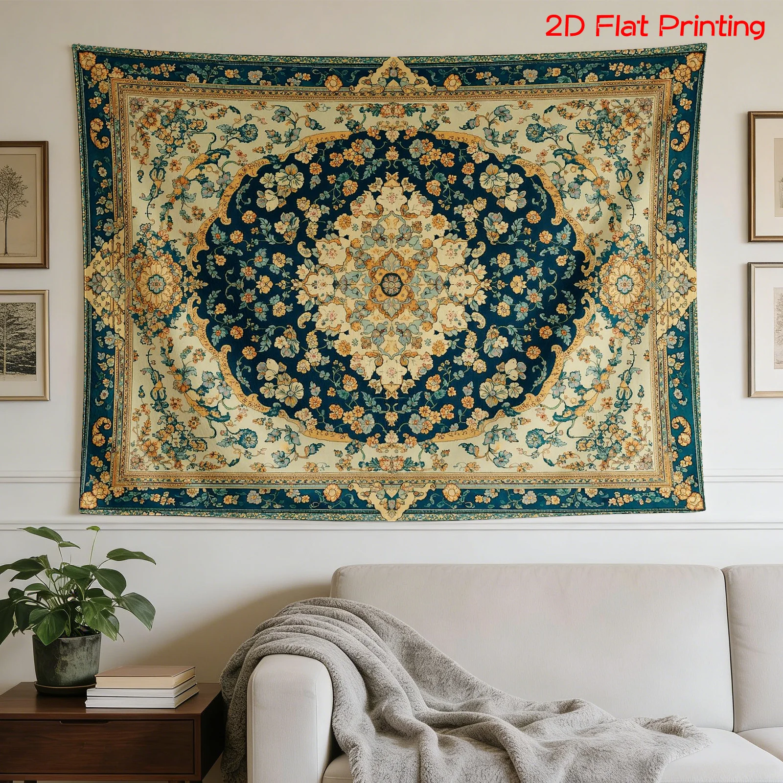 Luxurious Ornate Blue Gold Damask Baroque Floral Tapestry Wall Hanging Art Poster Polyester Decorative Living Room Home Decor Pr