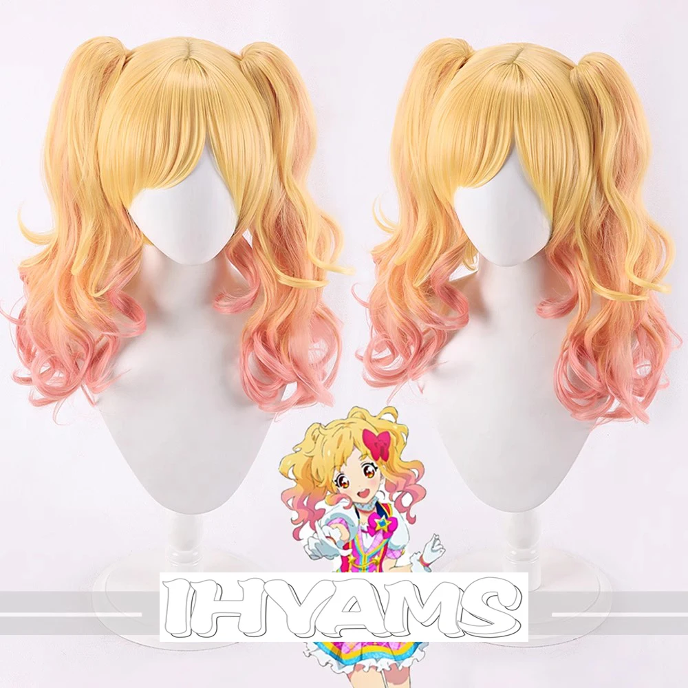 Aikatsu Stars Yume Nijino Cosplay Perücke Four Star Academy of The Flower Song Class Gelb Rosa Lockiges Haar Hitzebeständige Faserperücke