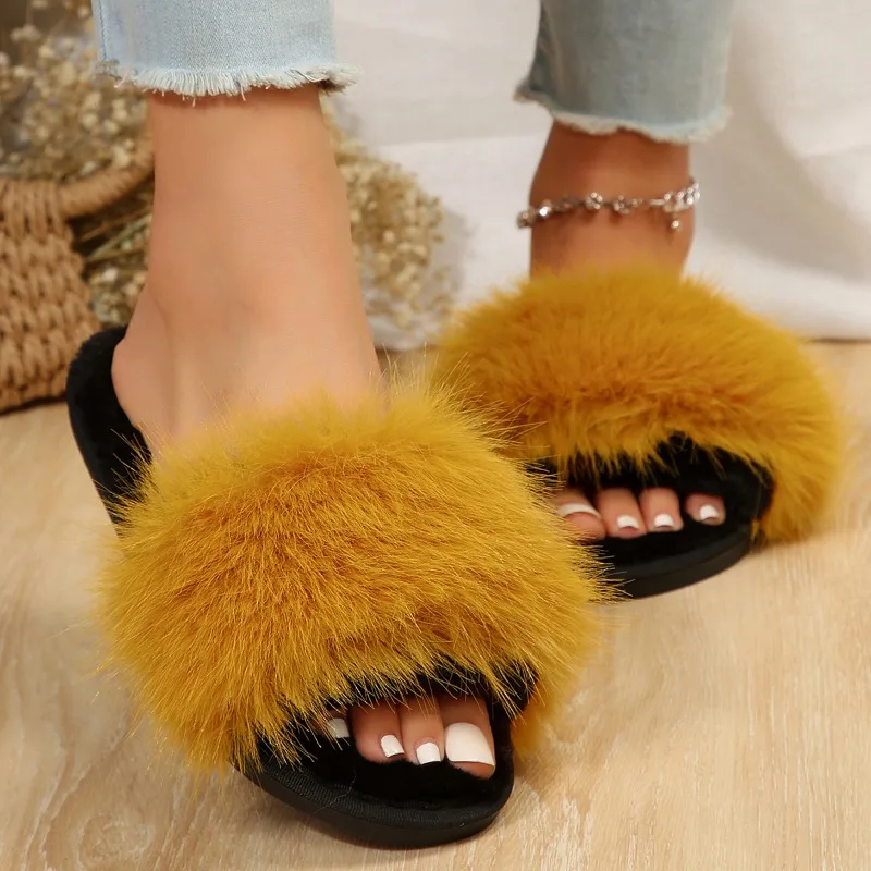 Winter 2023 Women\'s Fashion Fur Slippers Fluffy and Cute Plush Women\'s Luxury Outdoor Anti Slip Durable Flat Bottom Slippers