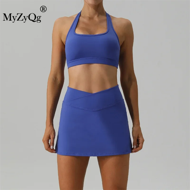 MyZyQg ผู้หญิงชุดฤดูใบไม้ผลิ Nude เทนนิส Bra กระโปรงชุดกลางแจ้ง Quick-drying Running Fitness Wear Halter Vest ชุด