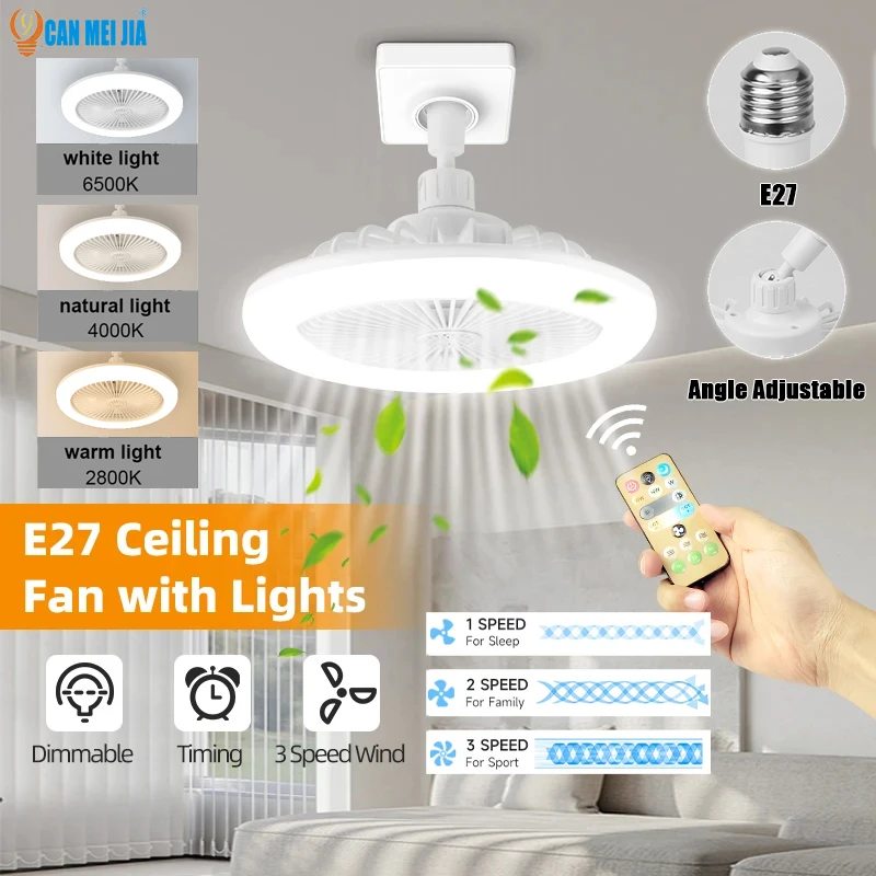 CANMEIJIA LED-Lampe Deckenventilator mit Licht, dimmbare Deckenleuchte mit Ventilator, 3 Geschwindigkeitsstufen, Timer, Kronleuchter für Schlafzimmer, Wohnzimmer, Küche