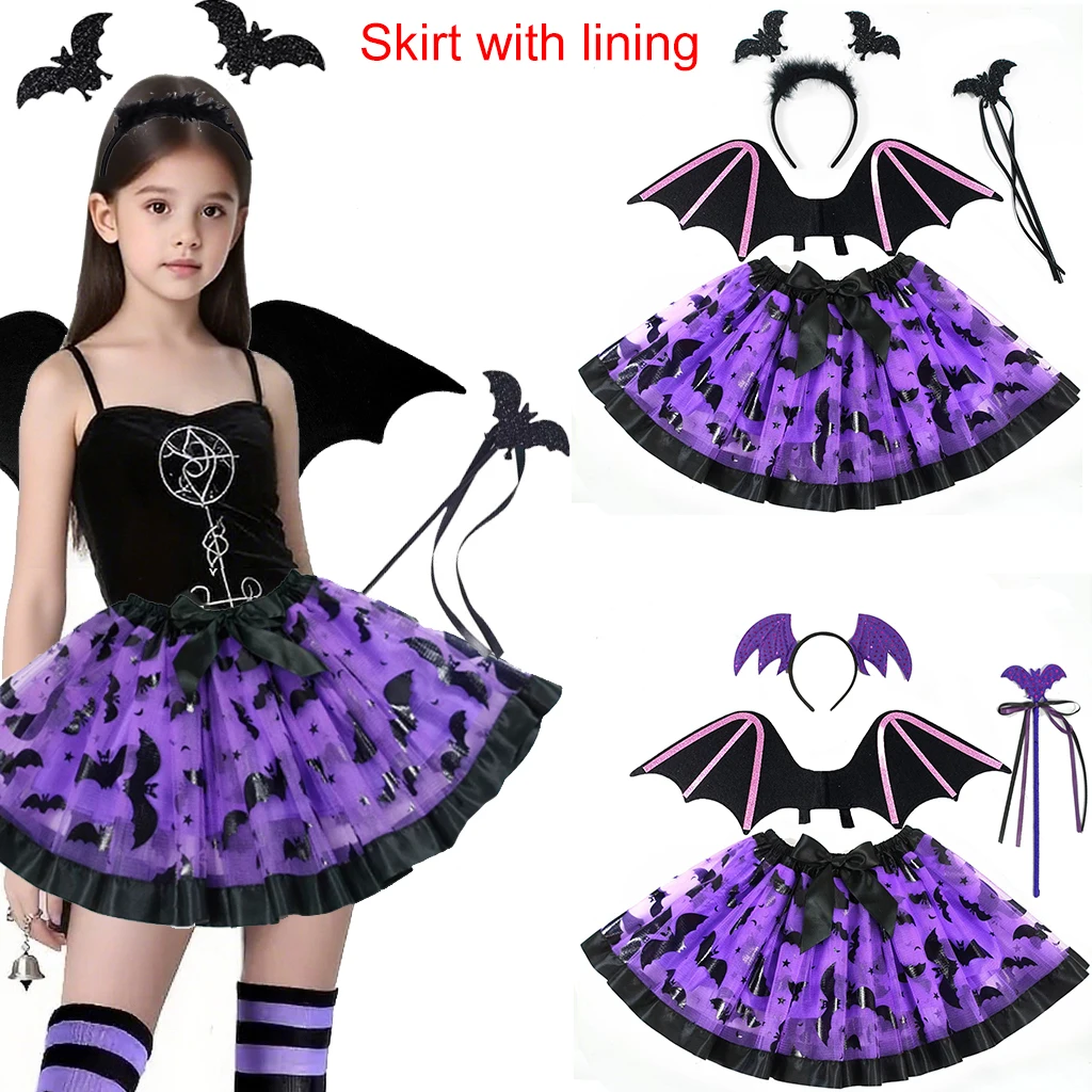 

Kids Purple Balck Bat Headband Magic Wand Wing Skirt, 4pcs/set,Skirt with Lining, Suitable for Girls Halloween Dress Up Cosplay