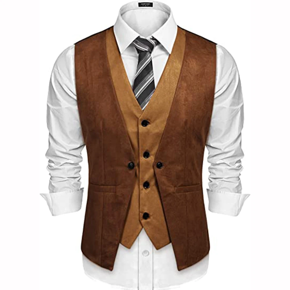 Casaco sem mangas masculino single-breasted slim fit, camurça cor, costura, gola V, melhores ternos de colete para casamento