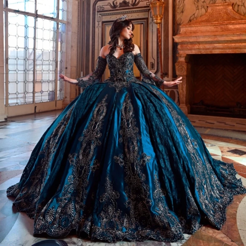 

Sea Blue Shiny Ball Gown Quinceanera Dresses Applique Lace Beading Crystal Tull Corset Off The Shoulder Sweet 16 Dres vestidos