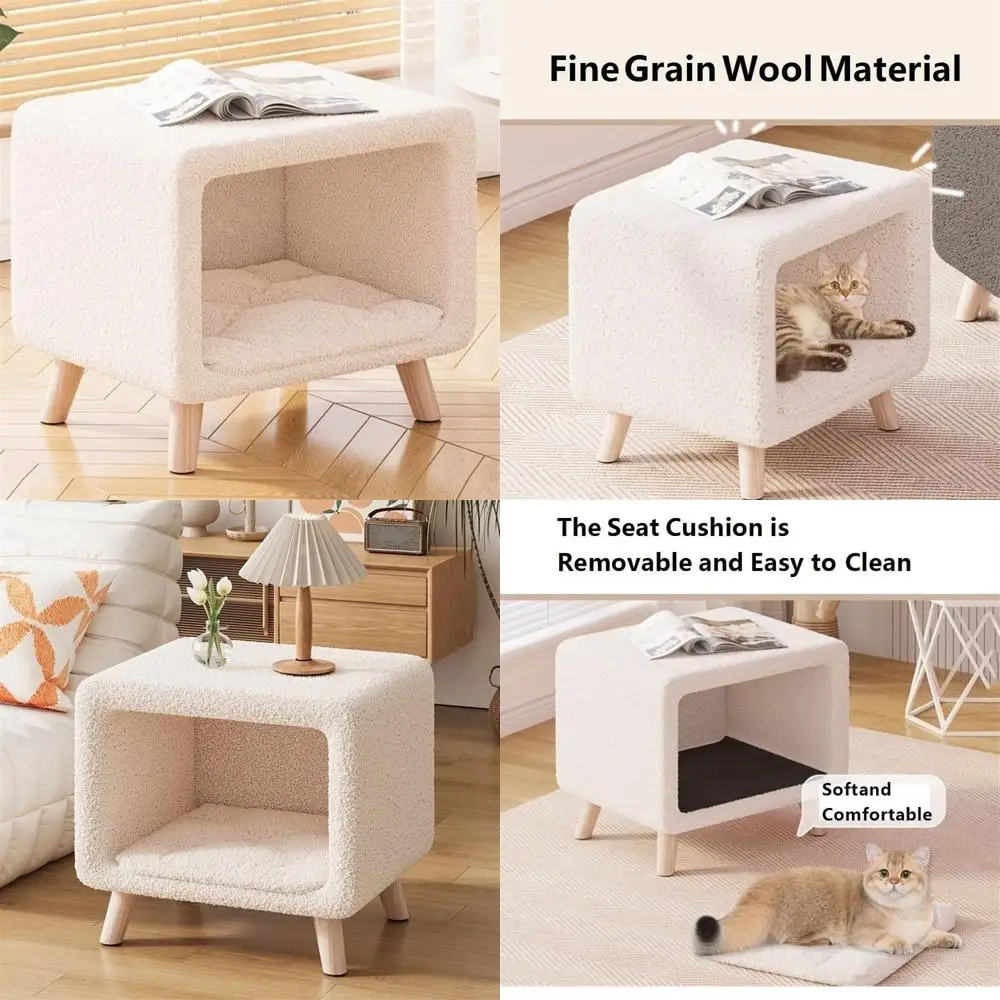 منضدة سرير قطة مدمجة مع حصيرة قابلة للإزالة وتخزين لغرفة المعيشة - لمسة نهائية بيضاء شديدة التحمل #1