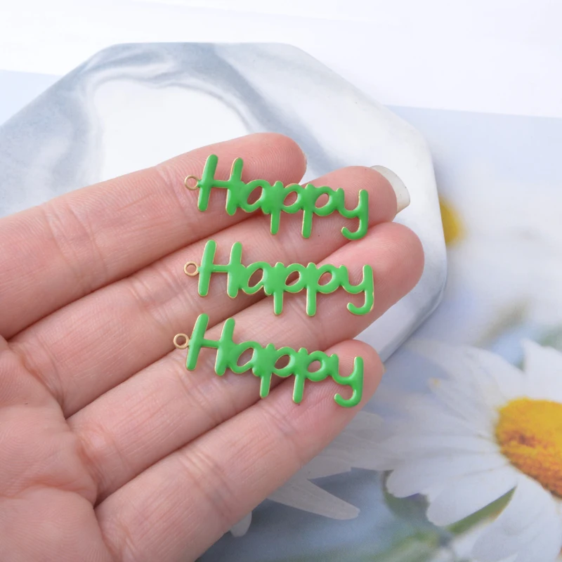 10 Stück Kupfer-Anhänger in Form von Buchstaben „Happy“ mit beidseitiger Emaillebeschichtung, Öltropfen-Optik, für DIY-Schmuckdekoration. – Detail 11