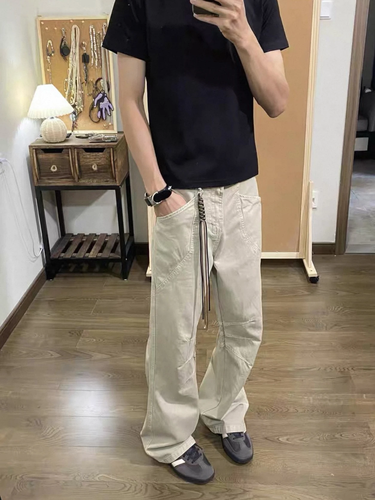 

American Retro Pleated Design Straight Leg Workwear Pants Men's Loose Versatile Logging Micro Flared Knife Pants Casual Sle