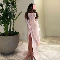 Eightree Pink Elegant Evening Dresses Mermaid Strapless Crystal Slit Abendkleider Dubai Vestido De Noche Party Dresses No Gloves