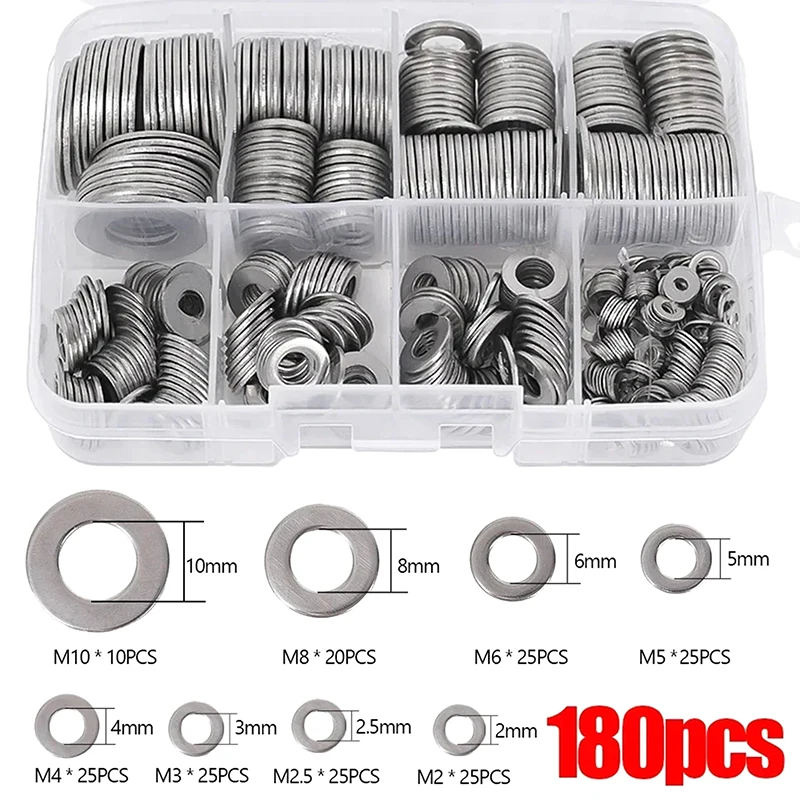 180pcs Stainless Steel Washers O Ring Fasteners Gasket Set Assortment Kits M2 M2.5 M3 M4 M5 M6 M8 M10 Flat Washer Grommets