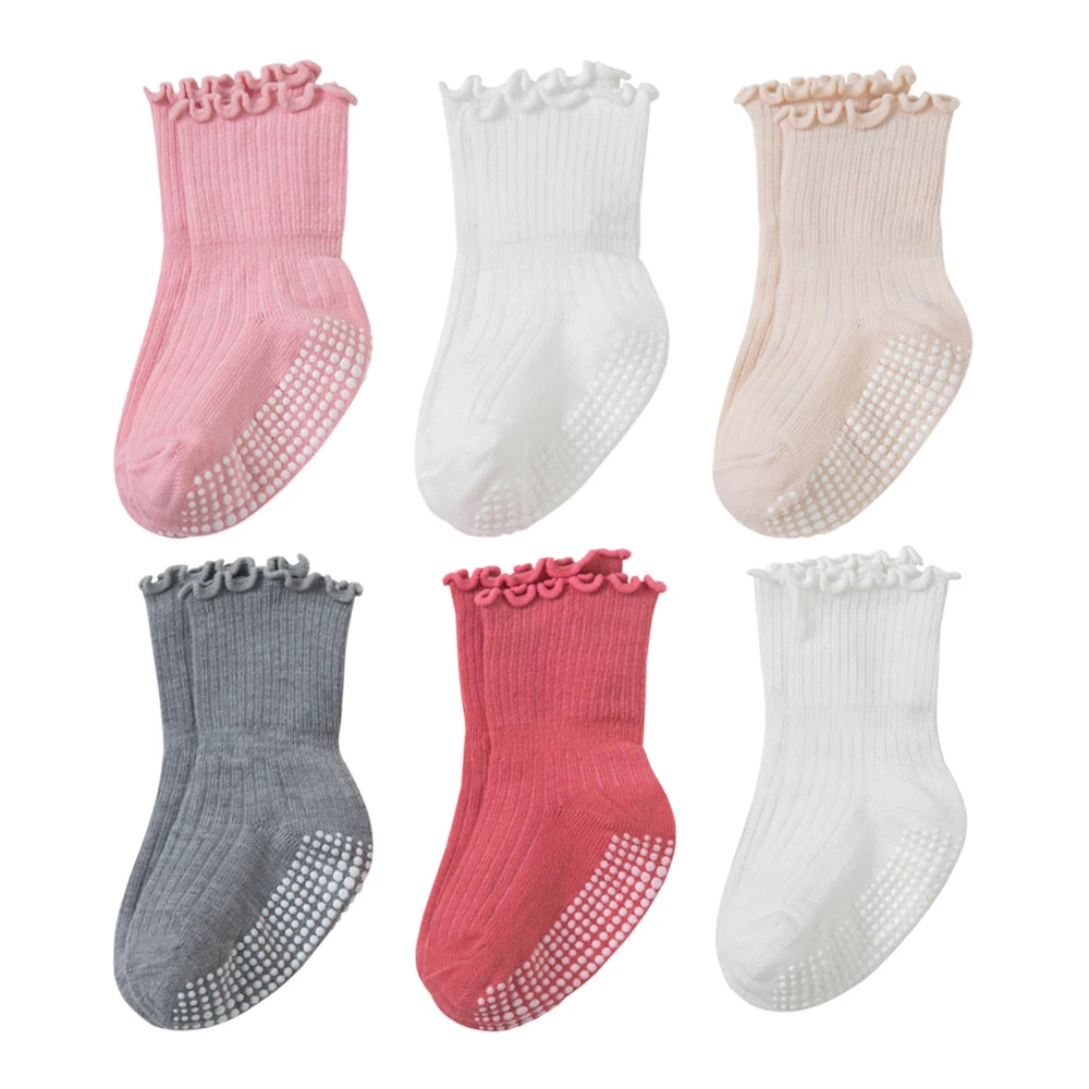 6 paires de chaussettes en coton pour filles avec dentelle, chaussettes en gel à pois antidérapantes pour bébé, jolies chaussettes de marche avec volants antidérapants