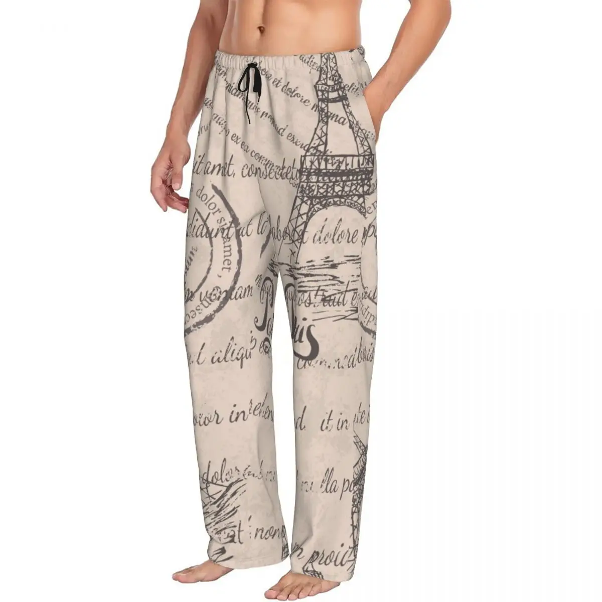 Mens Pajamas Pyjamas Pants Vintage Eiffel Tower Lettering Paris Stamps Lounge Pants Sleep Bottoms