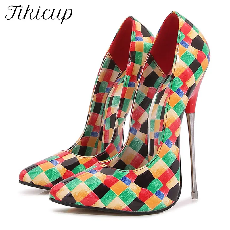 Tikicup Multi-Color Plaid Print Women 16cm Extremely High Metal Heel Stiletto Shoes for Show Striper Sexy Slip On Pumps