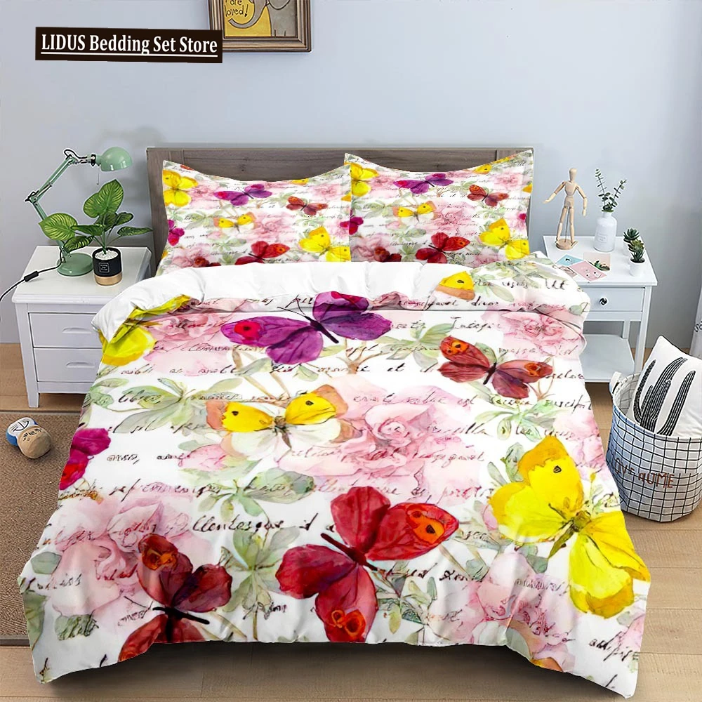 Butterfly Duvet Cover Set King Twin Size Colourful Butterfly Bedspread Cover With Flower Polyester Bedding Set For Girl Kid Teen