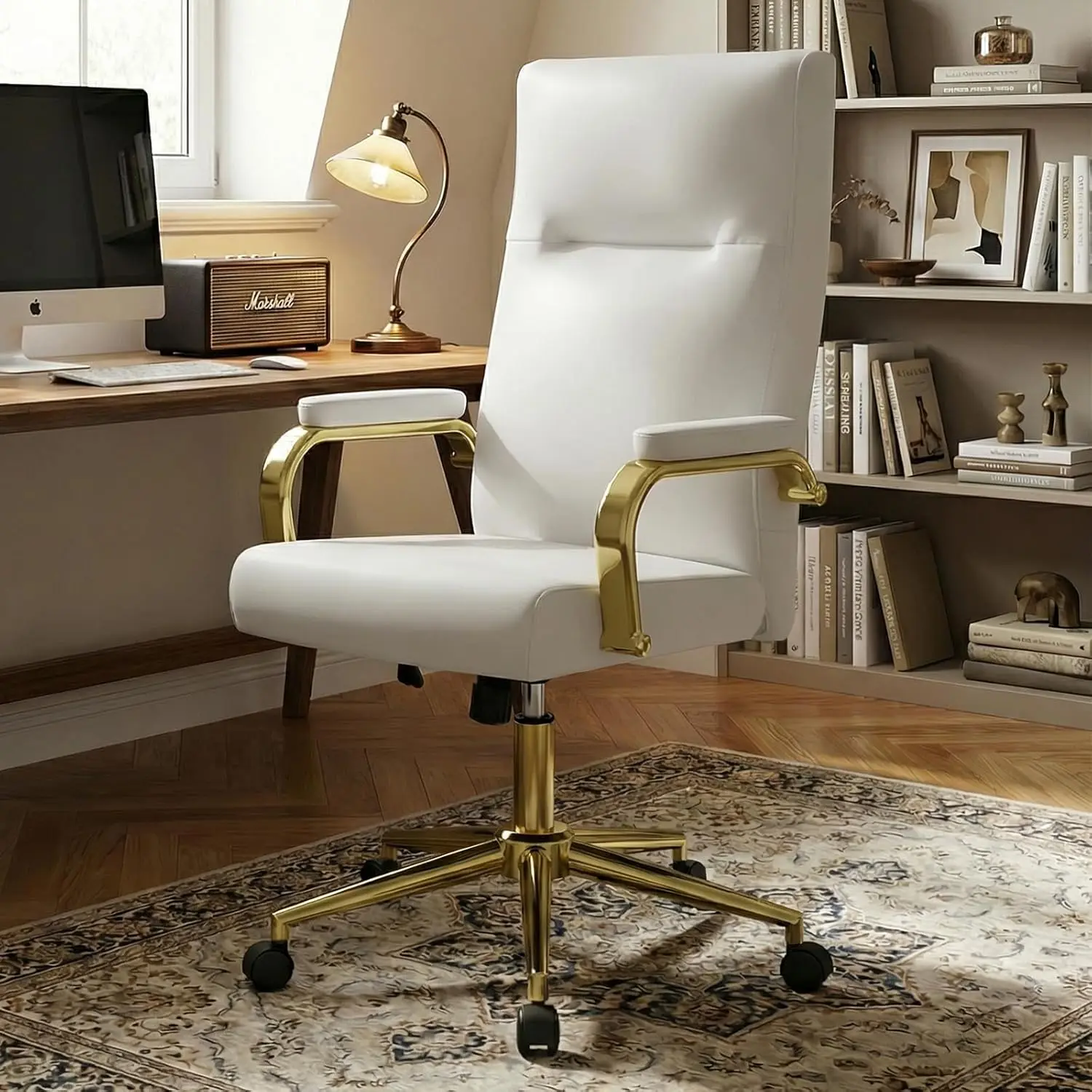 

High Back Leather Executive Office Chair with Wheels and Arms for Women Girls Teens Adults