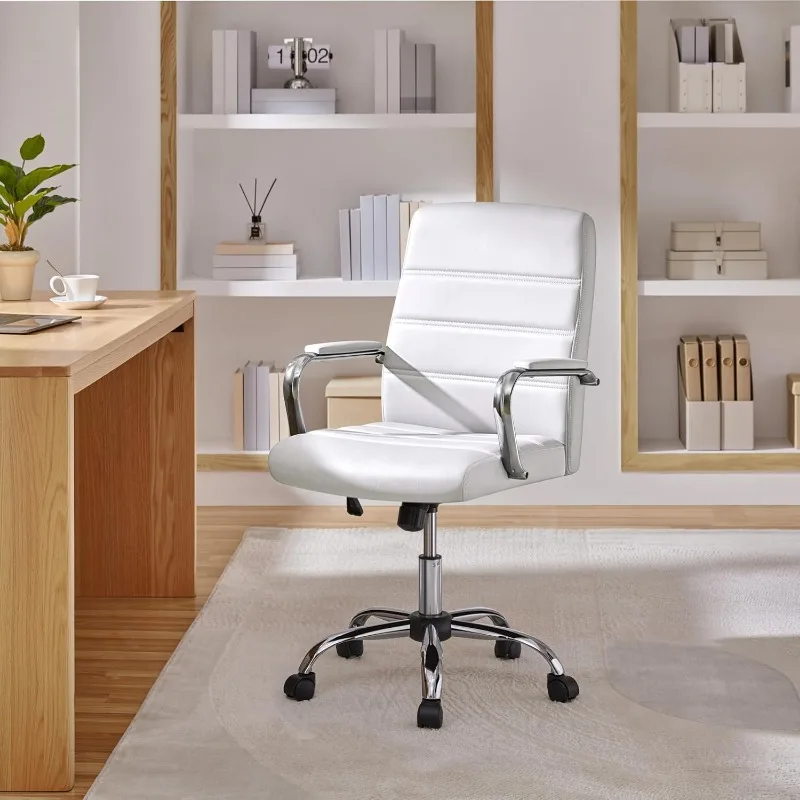 Silla de escritorio de oficina Silla ejecutiva ergonómica ajustable en altura con soporte lumbar Reposabrazos y asiento acolchados gruesos y cómodos, blanco