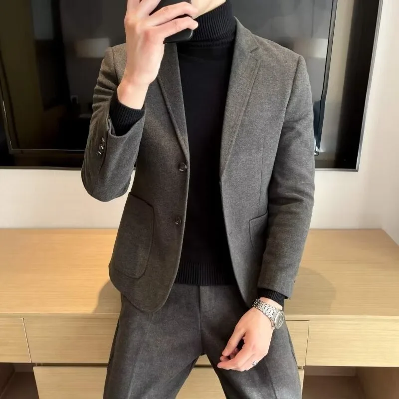 

Autumn Winter Men Thickened Woolen Suit Korean Slim Fit Casual Business Blazer Pants High-End Adult Fashion Two Piece Set Coat