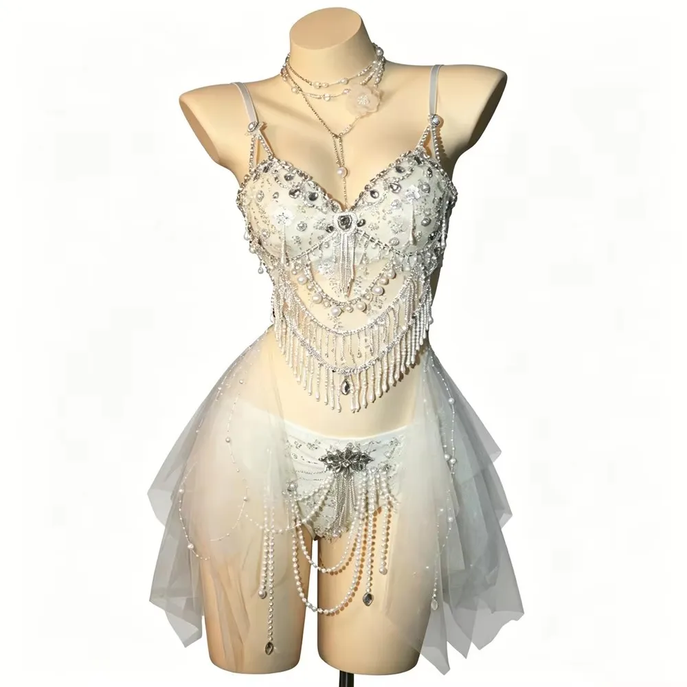 Women Rhinestone Pearl Chain Bikini 2-Piece Mesh White with Music Festival Rave Outfit Bar Nightclub Stage Performance Costume
