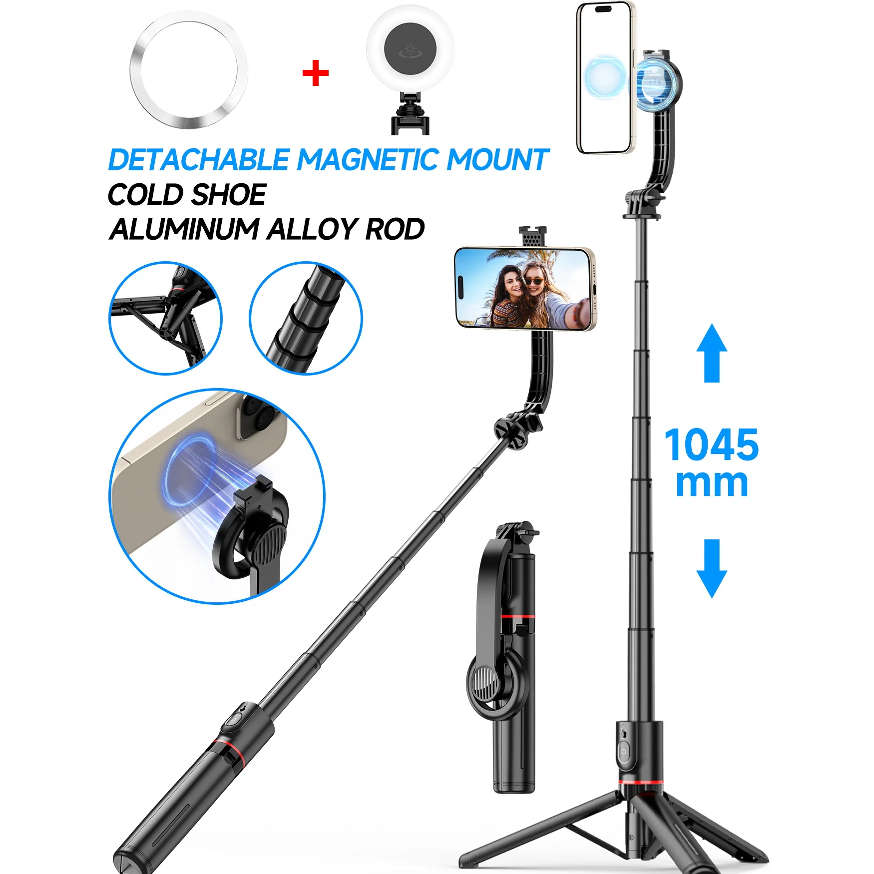 1045mm Detachable Magnetic Selfie Stick Tripod with Wireless Remote Light Portable Tripod for Phone Smartphone Live Broadcast