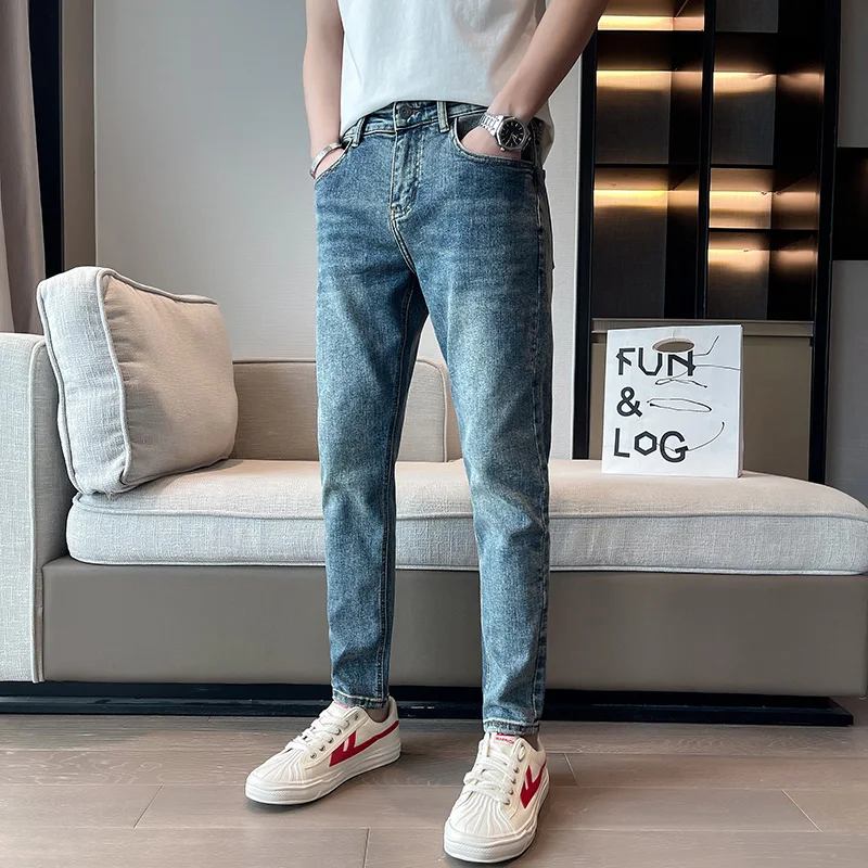 

Мужские джинсы Slim Fit малого размера, 26-27 дюймов, весенне-осенние, корейский стиль, повседневные, длинные брюки, прямые джинсы
