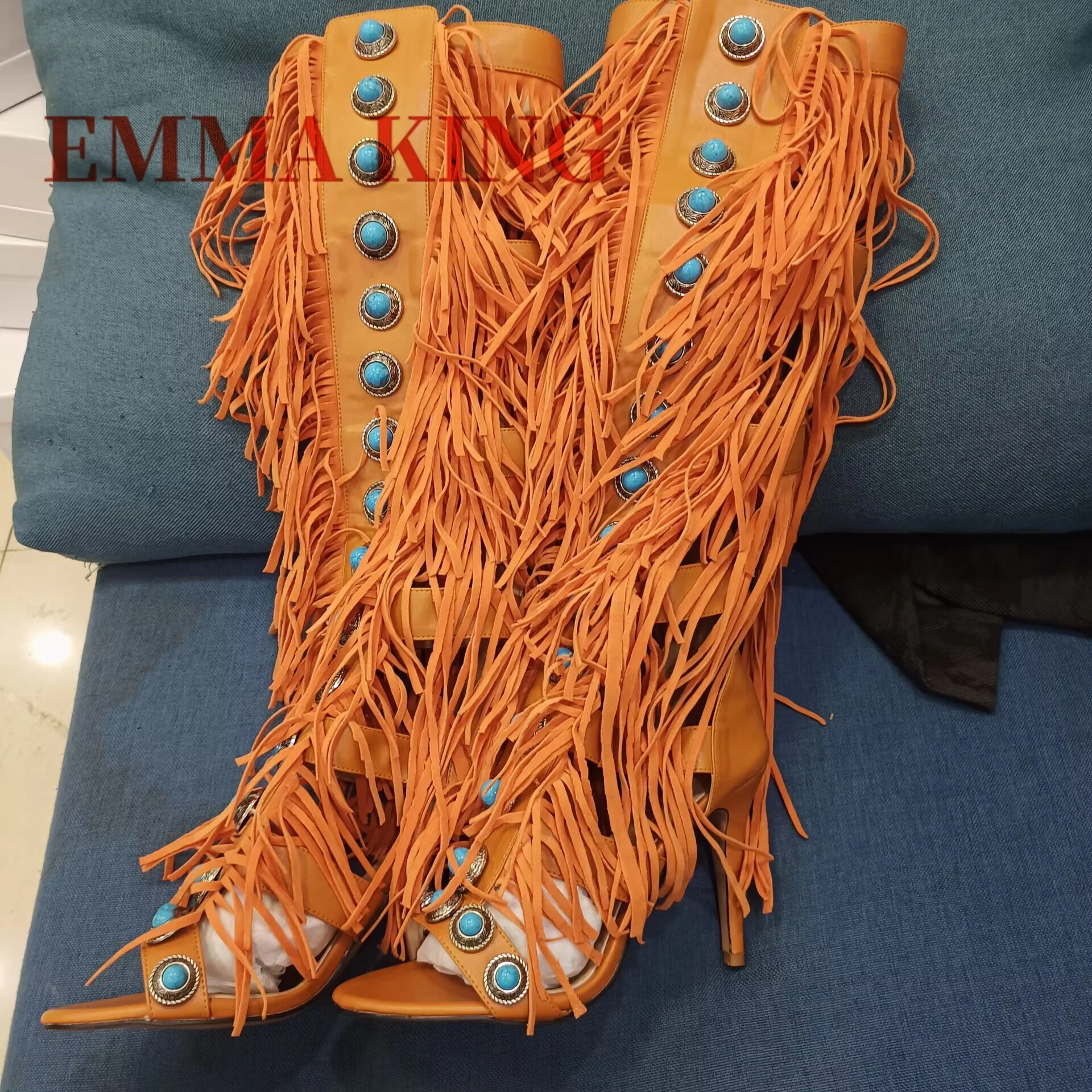 Sexy Blue Gemstone Knee-high Boots Open Toe Back Zipper Stiletto Heel Boot Fashion Catwalk Tassel Gladiator Sandals Women Summer